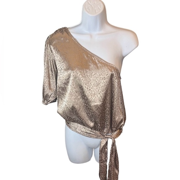 Do+ Be Metallic Gold Blouse‎ One Shoulder Fierce Cheetah Shirt Tie Waist Size S - Picture 1 of 8